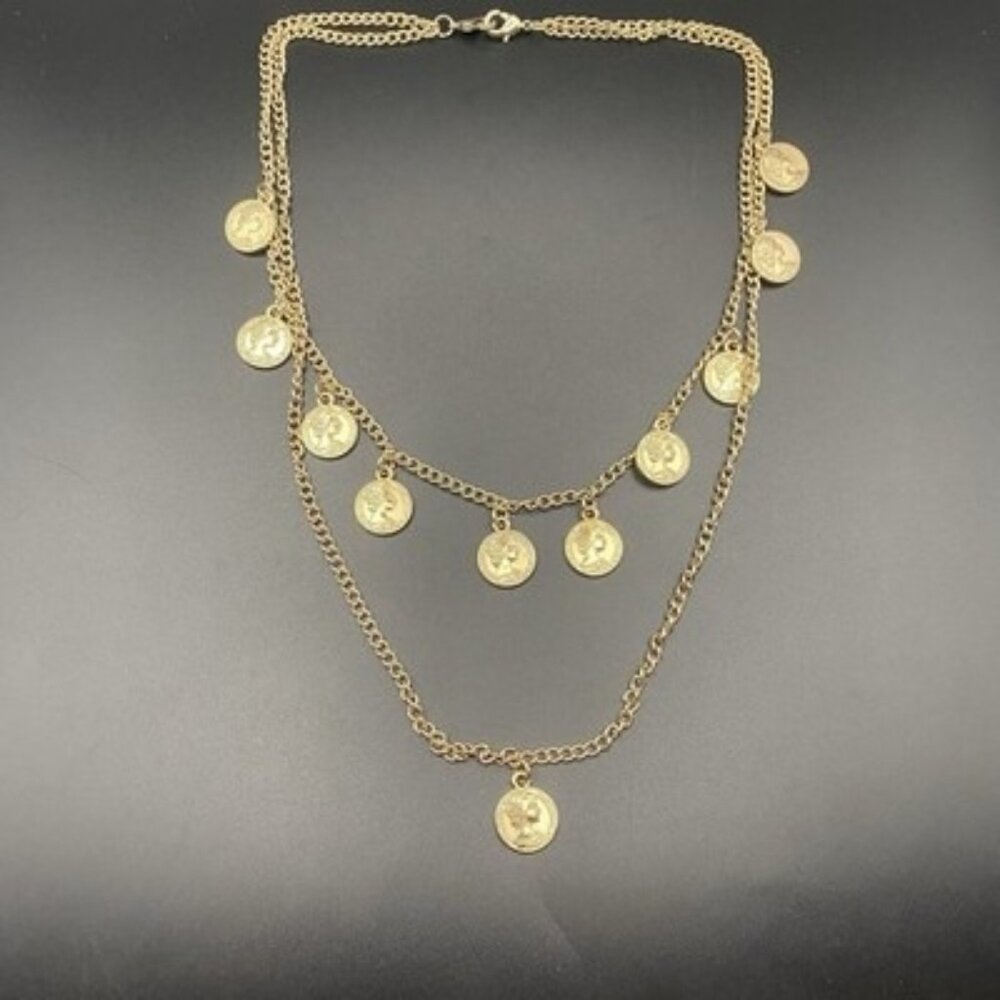 Two Layer Coin Charm Necklace Gold Tone 16/20" Curb Chain 1/2" Elizabeth II Aus - Picture 1 of 9